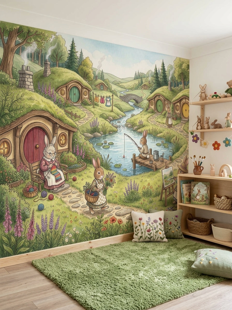Storybook rabbit village wall mural with stream, green hills and cozy bunny houses in a children’s playroom.