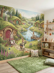 Storybook rabbit village wall mural with stream, green hills and cozy bunny houses in a children’s playroom.