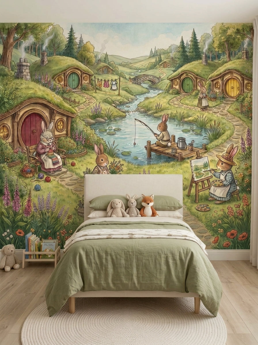 Bunny countryside wallpaper with fishing rabbit, painter bunny, colorful burrow doors and wildflower meadow behind a kids bed.