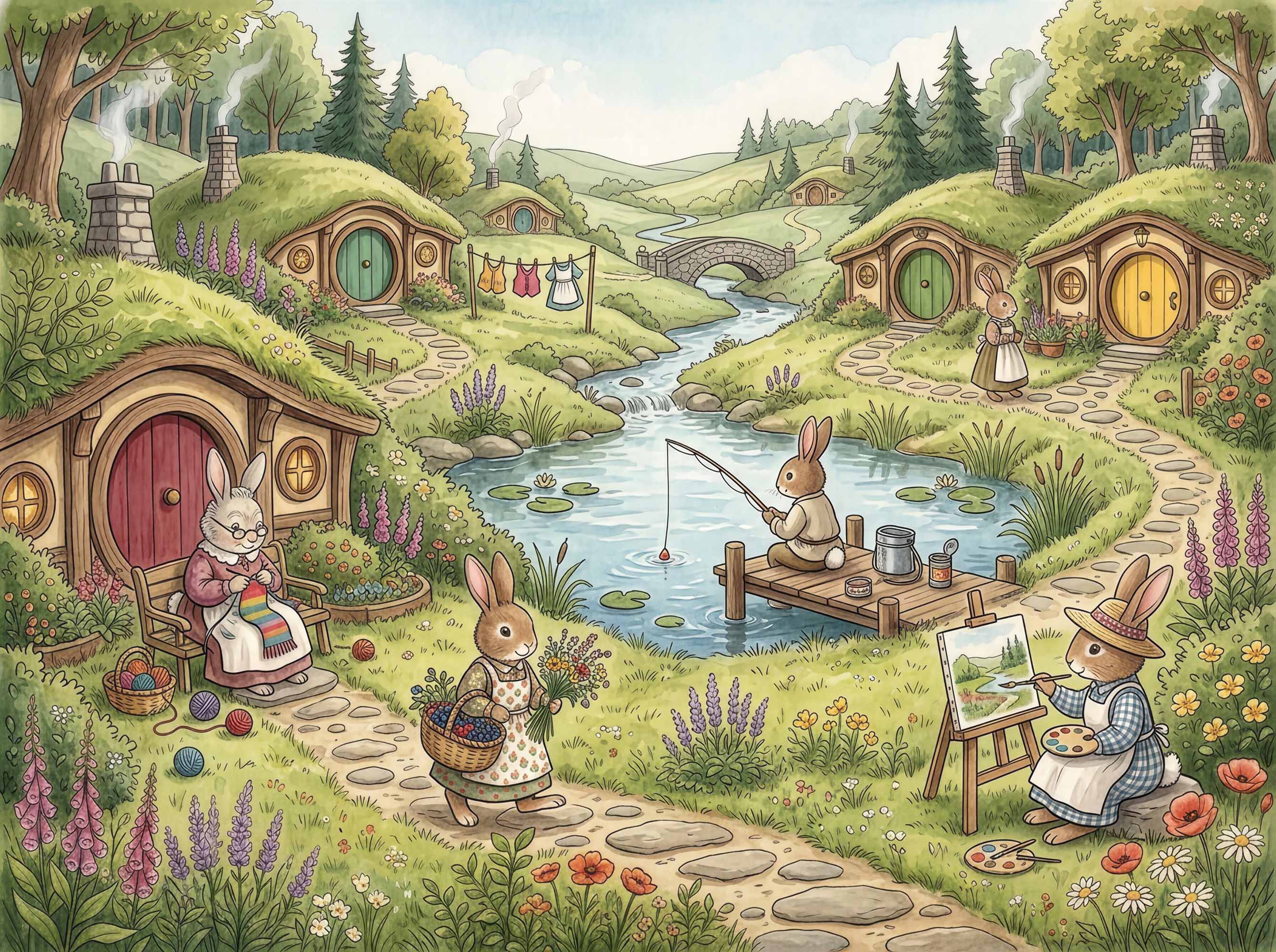 Watercolor rabbit village mural with cozy hillside homes, rabbits, river, bridge, flowers and countryside landscape.