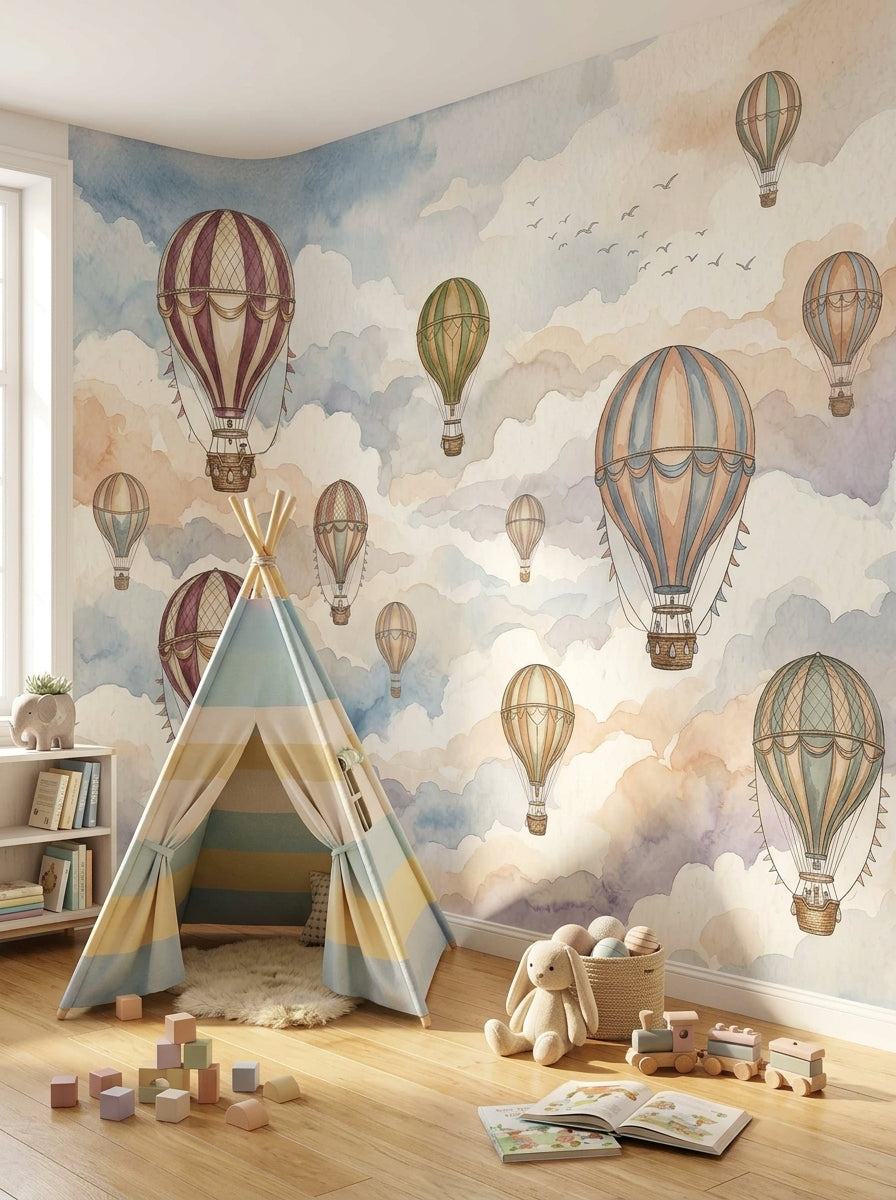 Pastel hot air balloon wall mural with watercolor clouds, teepee tent and wooden toys in a bright children’s playroom.