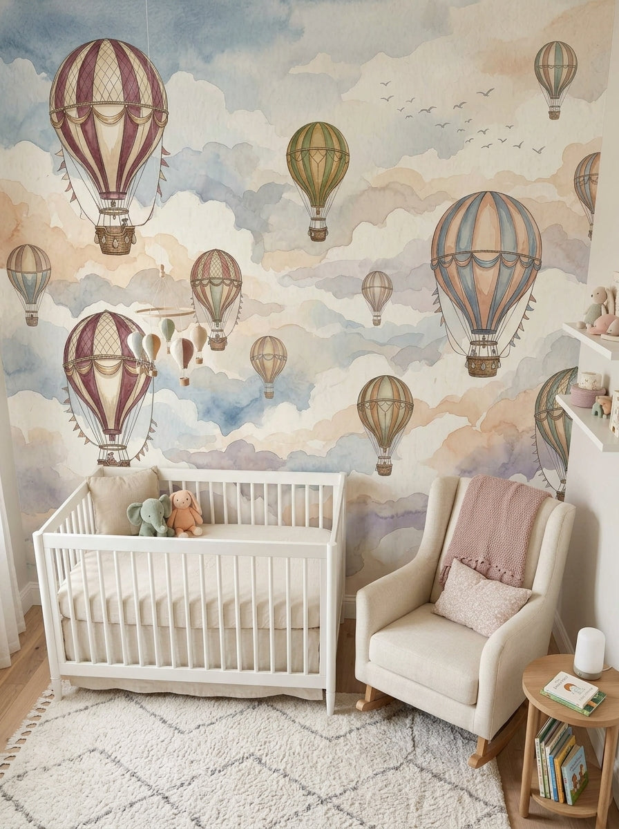 Dreamy balloon nursery wallpaper with soft watercolor clouds, vintage hot air balloons, white crib and rocking chair.