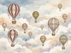 Watercolor hot air balloon mural with pastel clouds, vintage balloons and flying birds for nursery or kids bedroom decor.