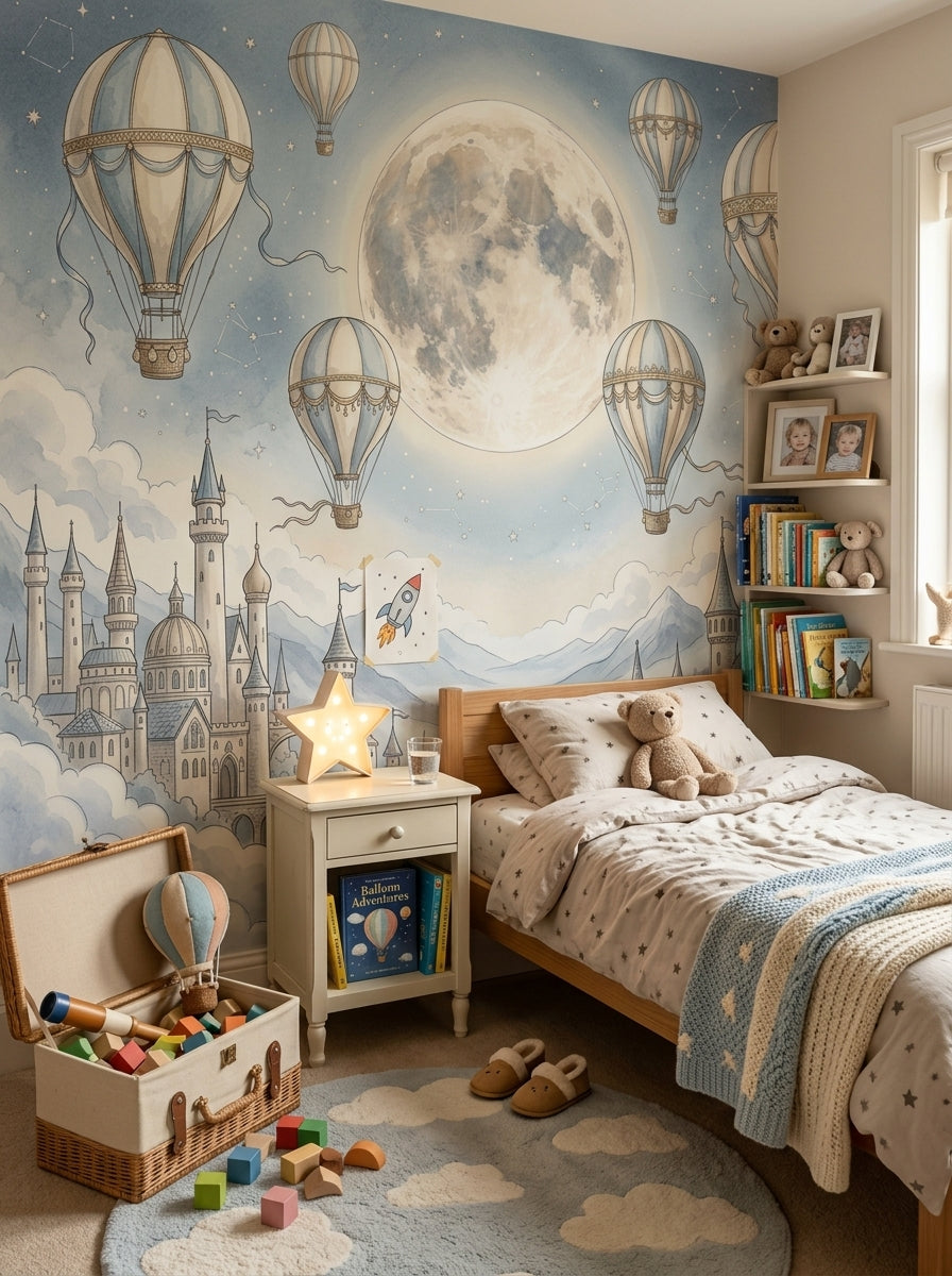 Blue hot air balloon wallpaper mural with glowing full moon, stars, fairytale castles and mountain landscape in a children’s bedroom.
