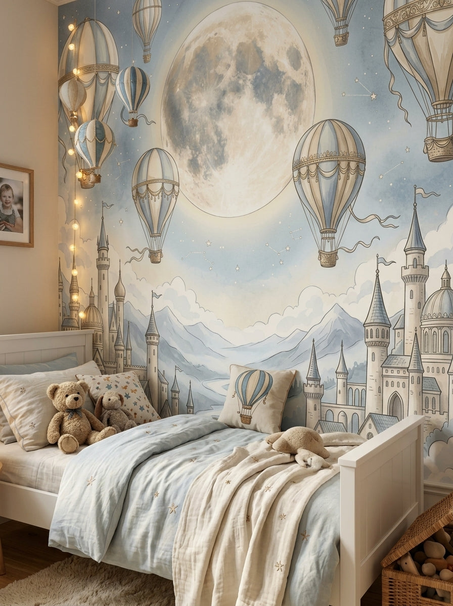 Fairytale castle nursery wallpaper featuring vintage hot air balloons, moon, clouds and soft blue celestial sky.