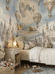 Hot air balloon and moon wall mural with whimsical castles, stars and mountains for a kids bedroom or nursery.