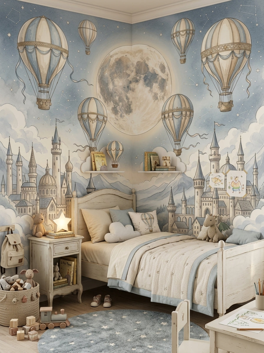 Castle and hot air balloon mural in dusty blue and ivory tones for a nursery, toddler room or fairytale children’s bedroom.
