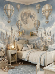 Castle and hot air balloon mural in dusty blue and ivory tones for a nursery, toddler room or fairytale children’s bedroom.