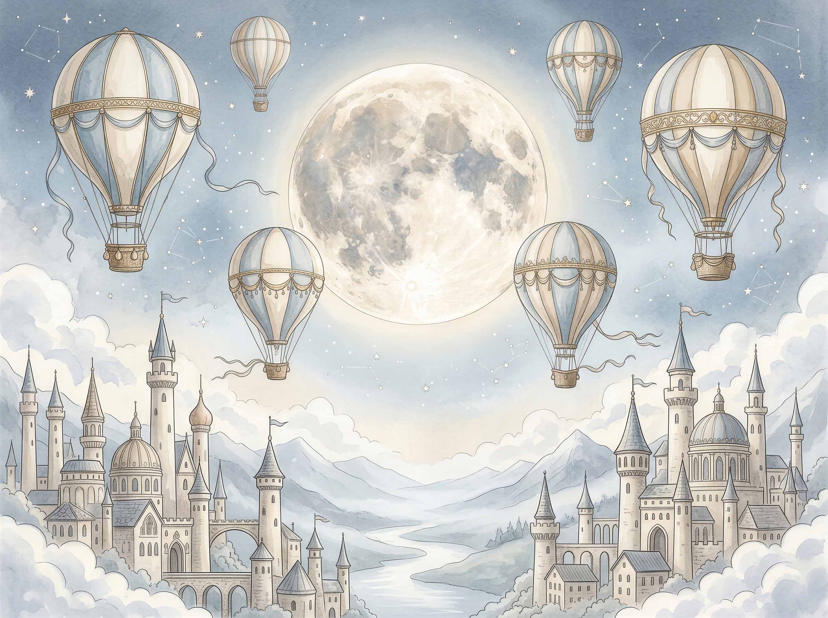 Celestial nursery wallpaper featuring ornate hot air balloons, full moon, stars, clouds and magical castle landscape.