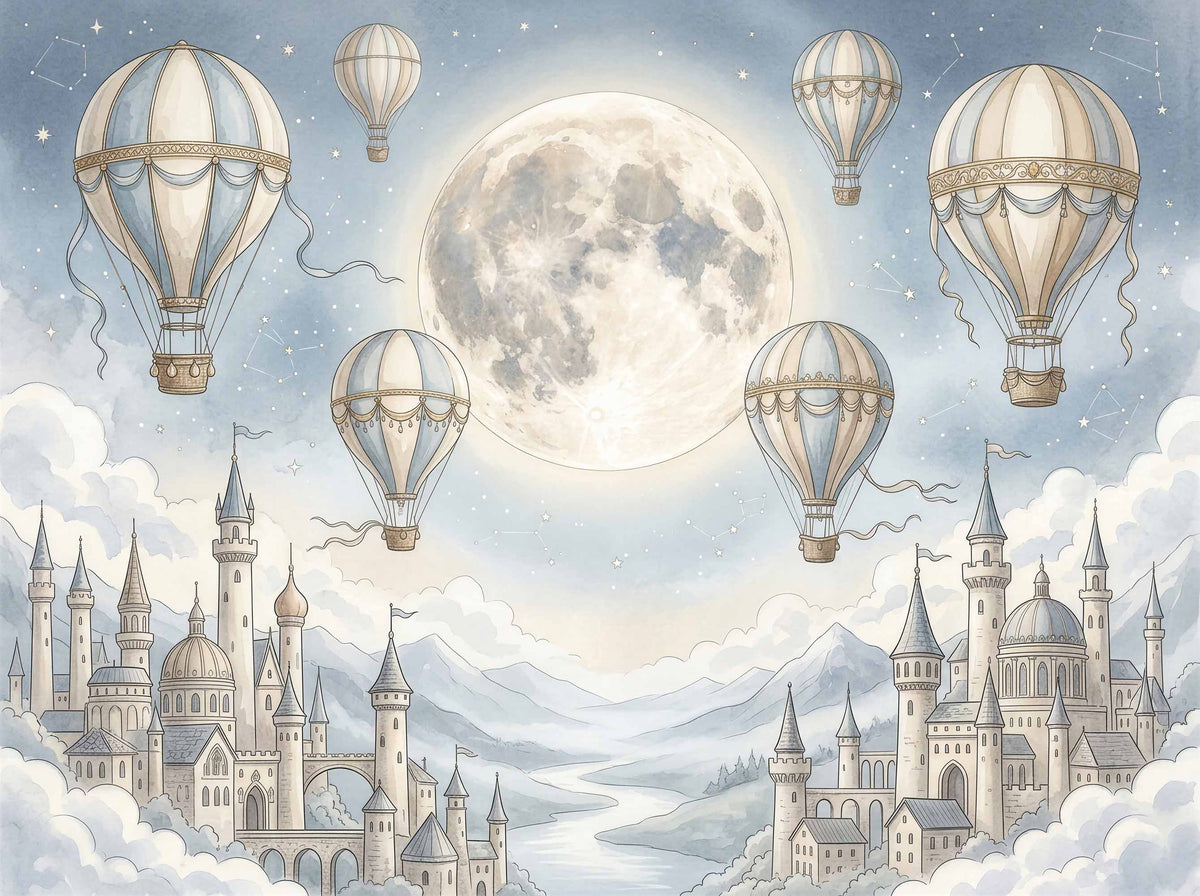 Papier peint montgolfières et lune – Papier peint panoramique château de conte de fées