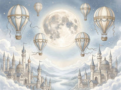 Celestial nursery wallpaper featuring ornate hot air balloons, full moon, stars, clouds and magical castle landscape.