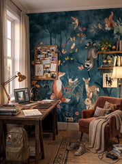 Moody forest nursery wallpaper featuring a red fox, woodland animals, flowers, mushrooms and butterflies on a dark teal background.