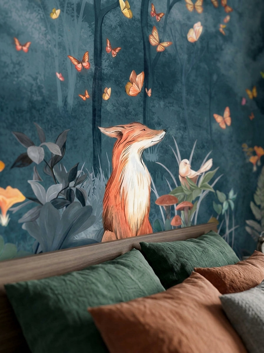 Enchanted woodland wall mural with fox, deer, raccoon and rabbit surrounded by lush botanical foliage for a kids bedroom.
