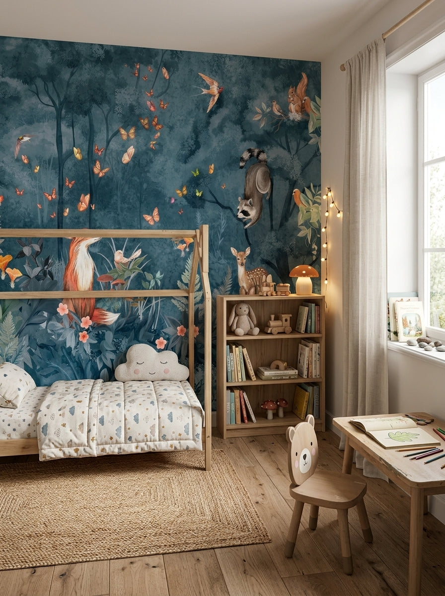 Dark blue forest wallpaper with colorful butterflies, woodland animals and botanical details for a nursery or playroom.