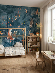 Dark blue forest wallpaper with colorful butterflies, woodland animals and botanical details for a nursery or playroom.