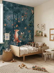 Moody kids room wallpaper featuring fox, deer, rabbit, raccoon, squirrels and birds in an illustrated nighttime woodland scene.