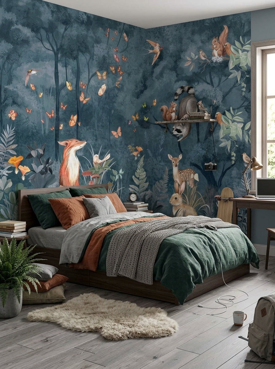 Dark woodland animals wallpaper mural with fox, deer, rabbit, raccoon, squirrels, butterflies and birds in a deep blue forest.