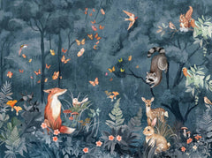 Woodland animal mural in deep teal and blue tones with fox, butterflies, birds, flowers and forest foliage for children’s room decor.