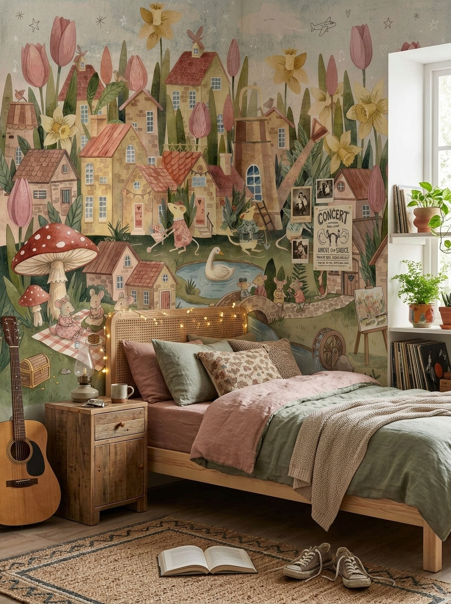 Storybook kids wallpaper featuring a miniature mouse town, oversized flowers, picnic scene and charming countryside houses.