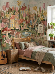 Storybook kids wallpaper featuring a miniature mouse town, oversized flowers, picnic scene and charming countryside houses.