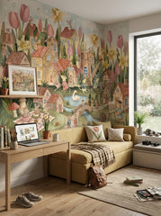 Cute mice nursery wallpaper with tulips, daffodils, small village homes, pond and illustrated animal characters in soft vintage colors.