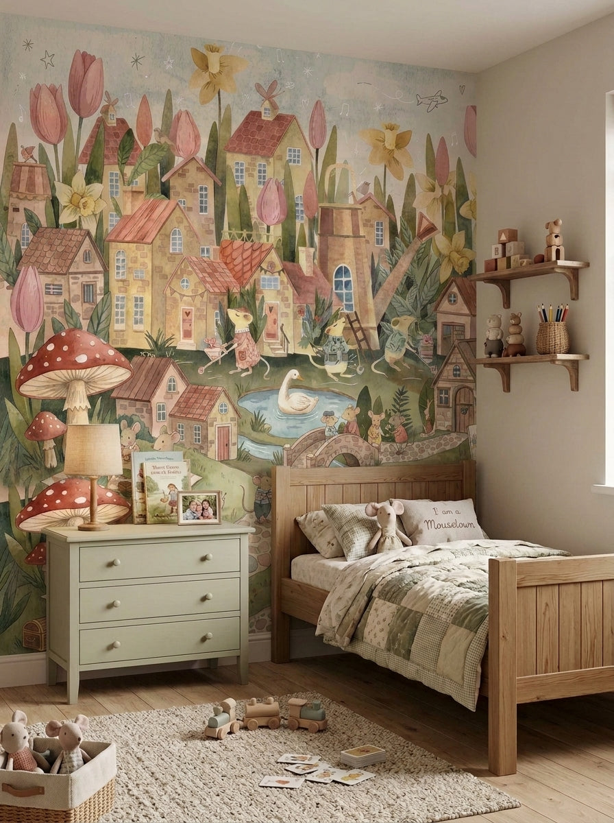 Pastel mouse town wall mural with tiny cottages, flowers, bridge, swan and playful mice for a nursery or kids bedroom.