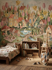 Whimsical mouse village wallpaper mural with tiny houses, pink tulips, yellow flowers, mice, swan pond and stone bridge.