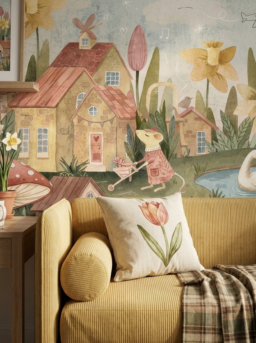 Whimsical floral village wallpaper featuring storybook mice, oversized tulips, picnic scene and cozy miniature houses.