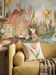 Whimsical floral village wallpaper featuring storybook mice, oversized tulips, picnic scene and cozy miniature houses.