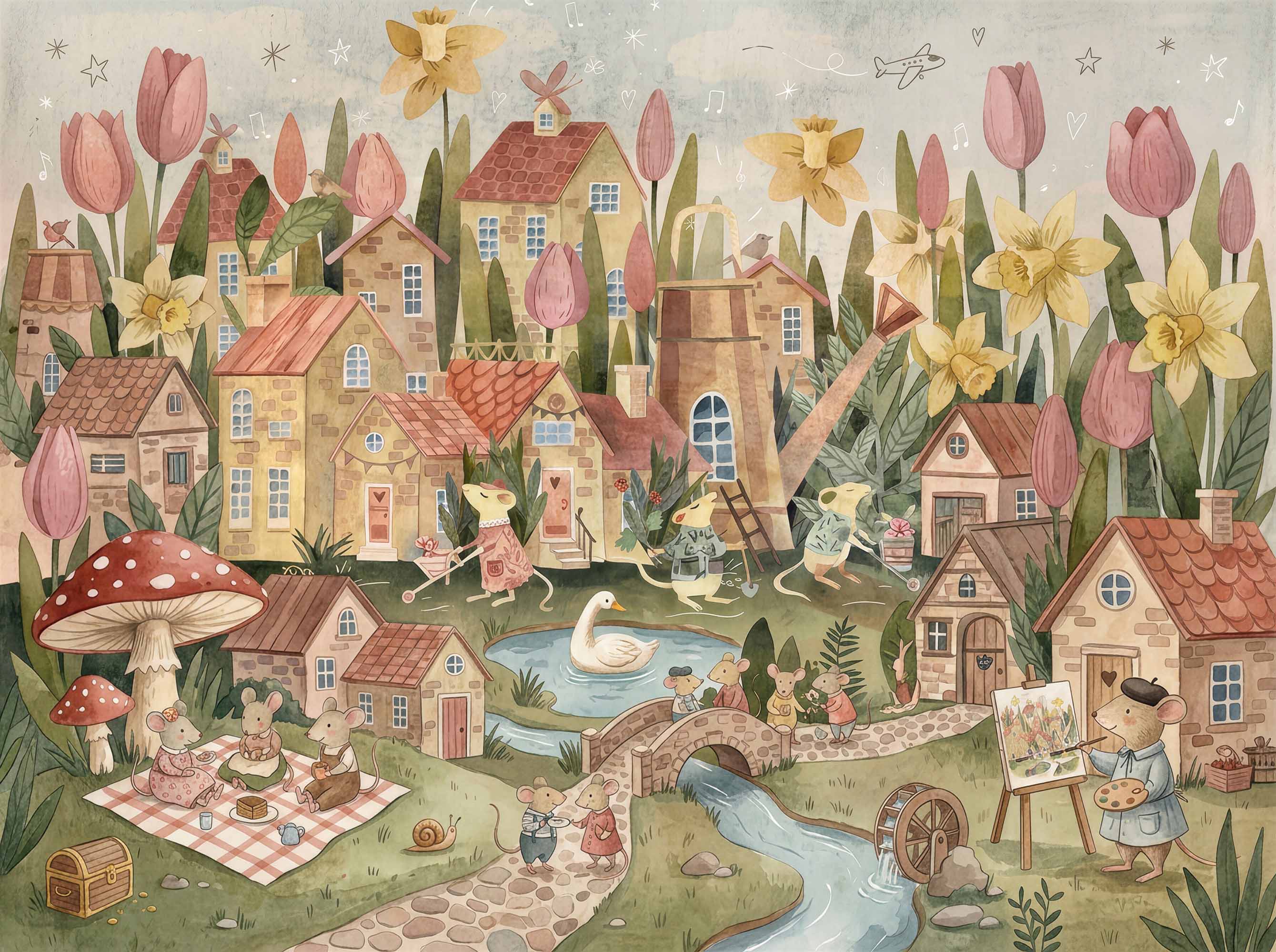 Vintage-inspired kids room wallpaper with mouse village, large flowers, pond, stone bridge and soft sage, pink and beige tones.