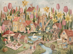 Vintage-inspired kids room wallpaper with mouse village, large flowers, pond, stone bridge and soft sage, pink and beige tones.