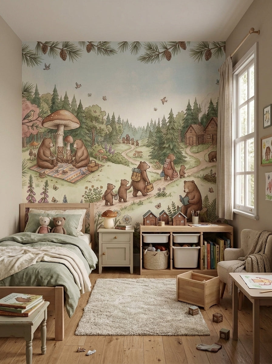 Forest nursery wallpaper featuring bear families, pine trees, woodland flowers, picnic scene and cozy mountain cabins.