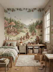 Forest nursery wallpaper featuring bear families, pine trees, woodland flowers, picnic scene and cozy mountain cabins.
