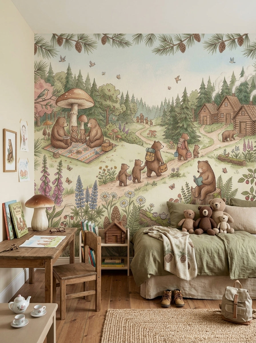 Cute bear kids room mural with walking bear family, reading bear, mushrooms, butterflies and peaceful forest landscape.