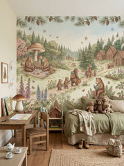 Cute bear kids room mural with walking bear family, reading bear, mushrooms, butterflies and peaceful forest landscape.