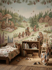 Woodland bear family wallpaper mural with forest path, wooden cabins, giant mushroom, wildflowers and cute bears.