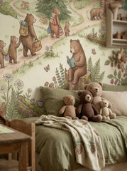Bear family wall mural featuring woodland animals, forest paths, oversized mushroom, cabins and botanical details.
