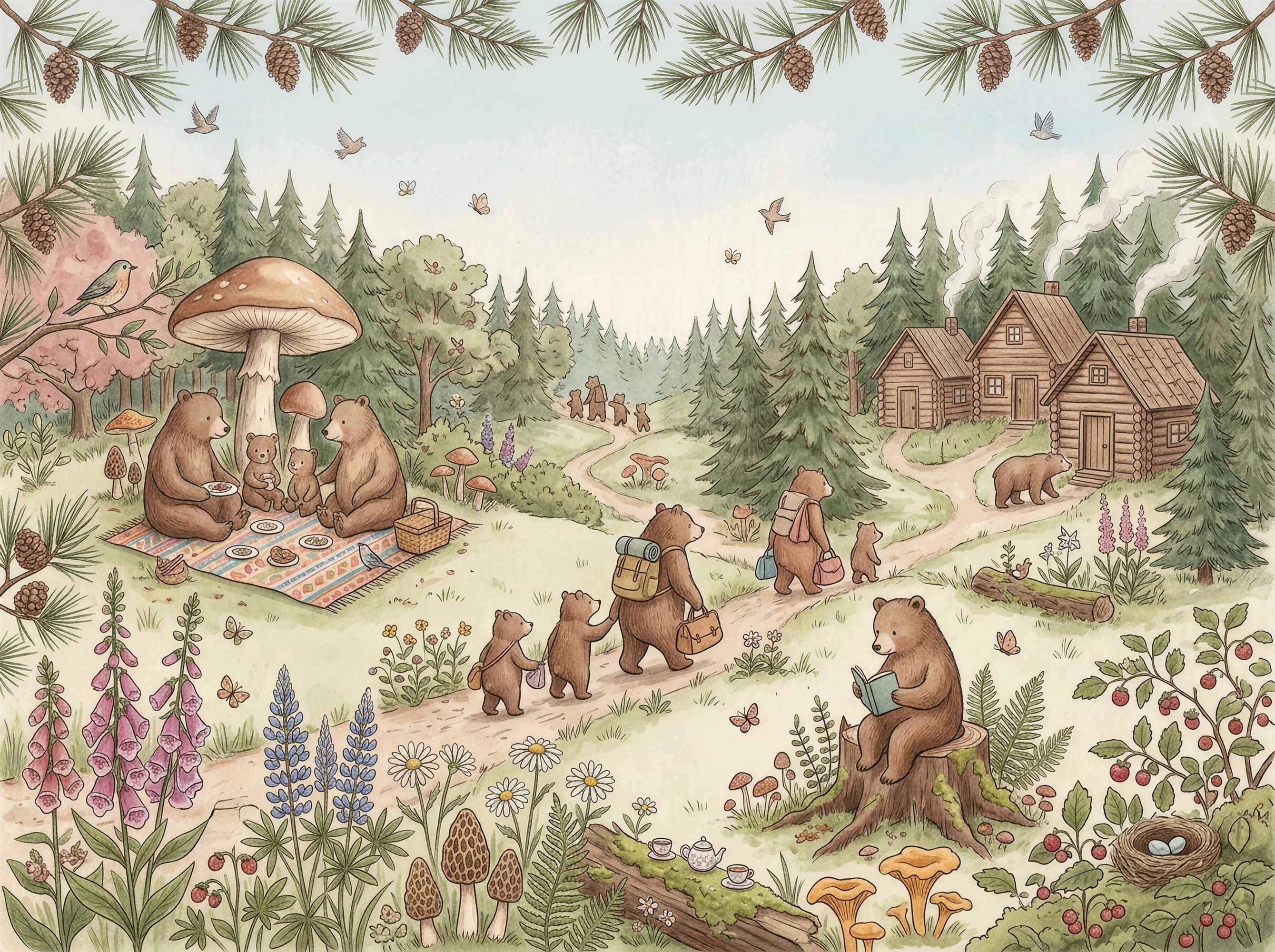 Vintage woodland nursery wallpaper with cute bears, mountain forest, flowers, birds and cozy rustic cabins.