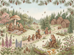 Vintage woodland nursery wallpaper with cute bears, mountain forest, flowers, birds and cozy rustic cabins.