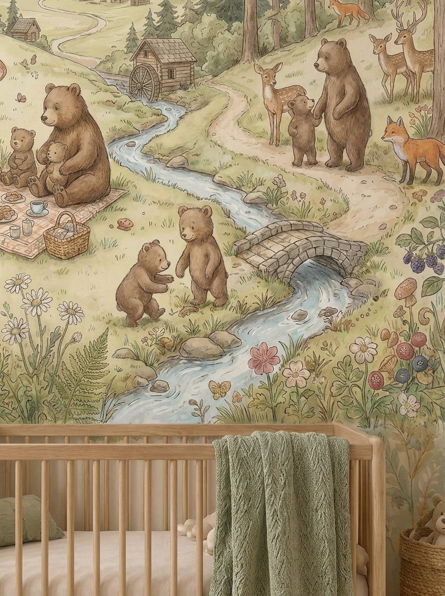 Woodland nursery wallpaper featuring cute bears, giant mushroom, forest picnic, deer, fox and mountain cabins.