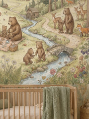 Woodland nursery wallpaper featuring cute bears, giant mushroom, forest picnic, deer, fox and mountain cabins.