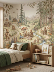 Vintage forest animal wall mural with bear families, wildflowers, pine trees, river and rustic wooden cottages.