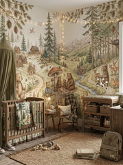Bear nursery wallpaper with peaceful mountain forest, woodland animals, mushrooms, flowers and storybook landscape.