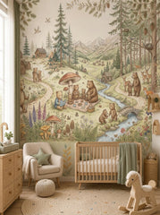 Bear family forest wallpaper mural with mountain landscape, stream, stone bridge, pine trees, cabins and woodland animals.