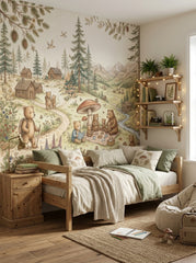 Kids room forest mural featuring bears playing and walking through a woodland valley with stream, bridge and cabins.