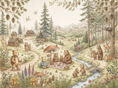 Neutral woodland wallpaper with bear family picnic, mountain scenery, forest animals and soft sage green botanical details.