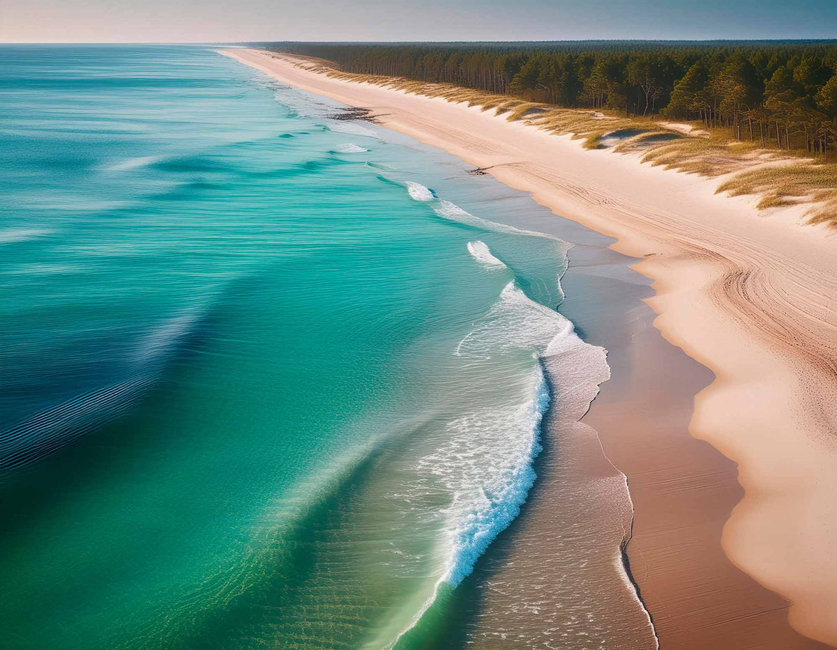 Luchtfoto strand behang – turquoise golven en gouden zand fotobehang