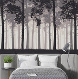 Silhouette Forest Wall Mural Wallpaper - Mystical Trees in Foggy Woodland