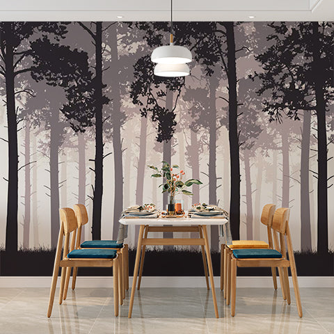 Silhouette Forest Wall Mural Wallpaper - Mystical Trees in Foggy Woodland