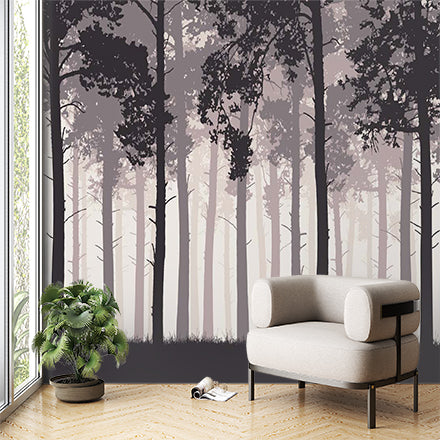 Silhouette Forest Wall Mural Wallpaper - Mystical Trees in Foggy Woodland